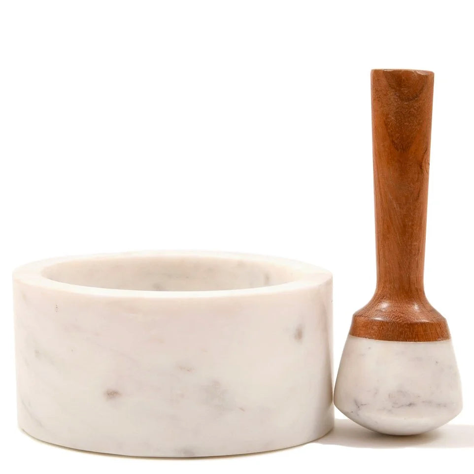 Marble & Acacia Wood Mortar & Pestle, India