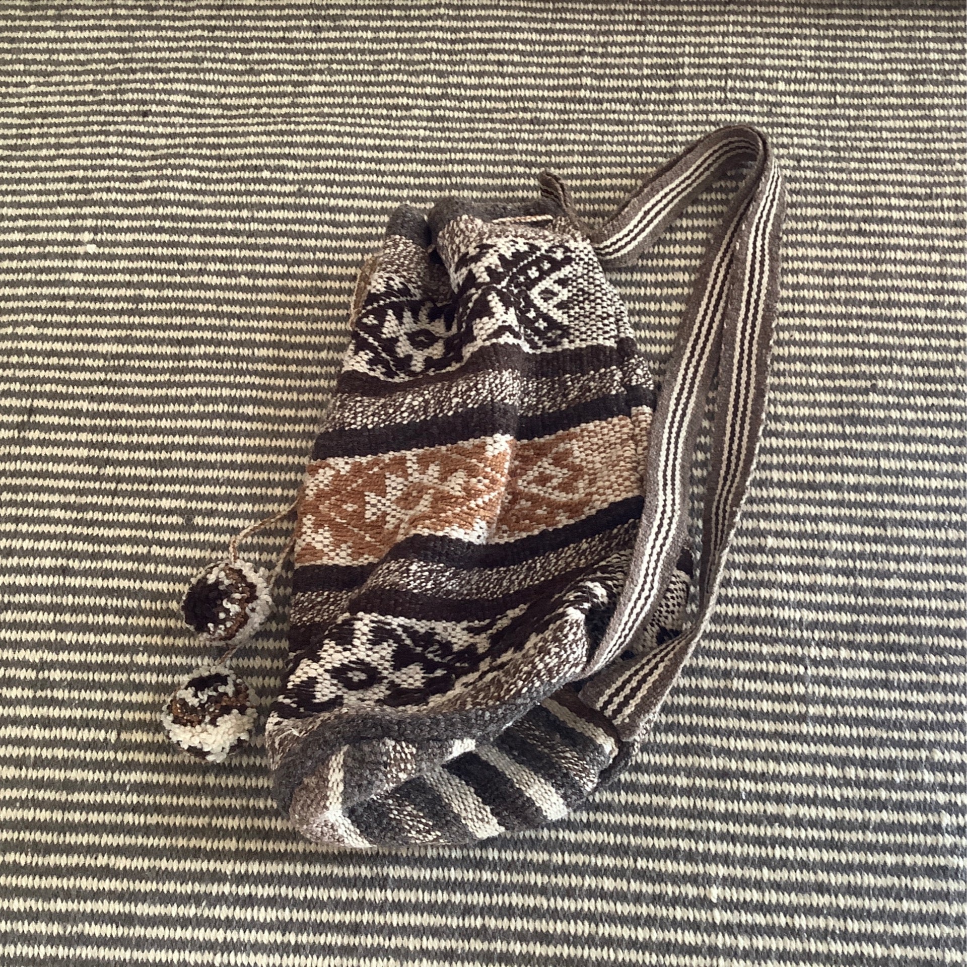 Patrona Textiles, Mapuche Handwoven Plant Dyed Sheep’s Wool Tassel Backpack, Argentina