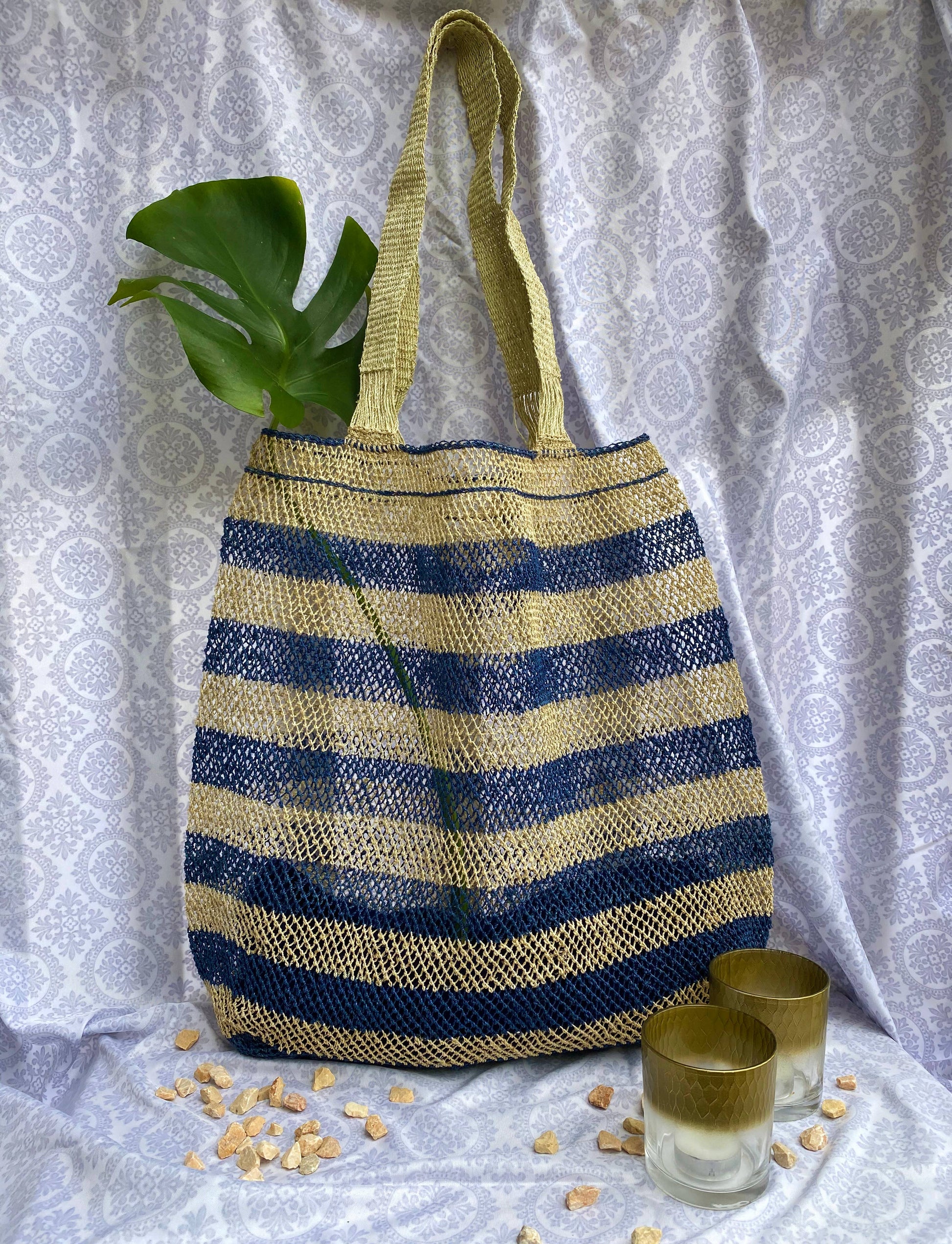 Kudzu Vine Tote Bag - Wide Stripe - Indigo, Laos
