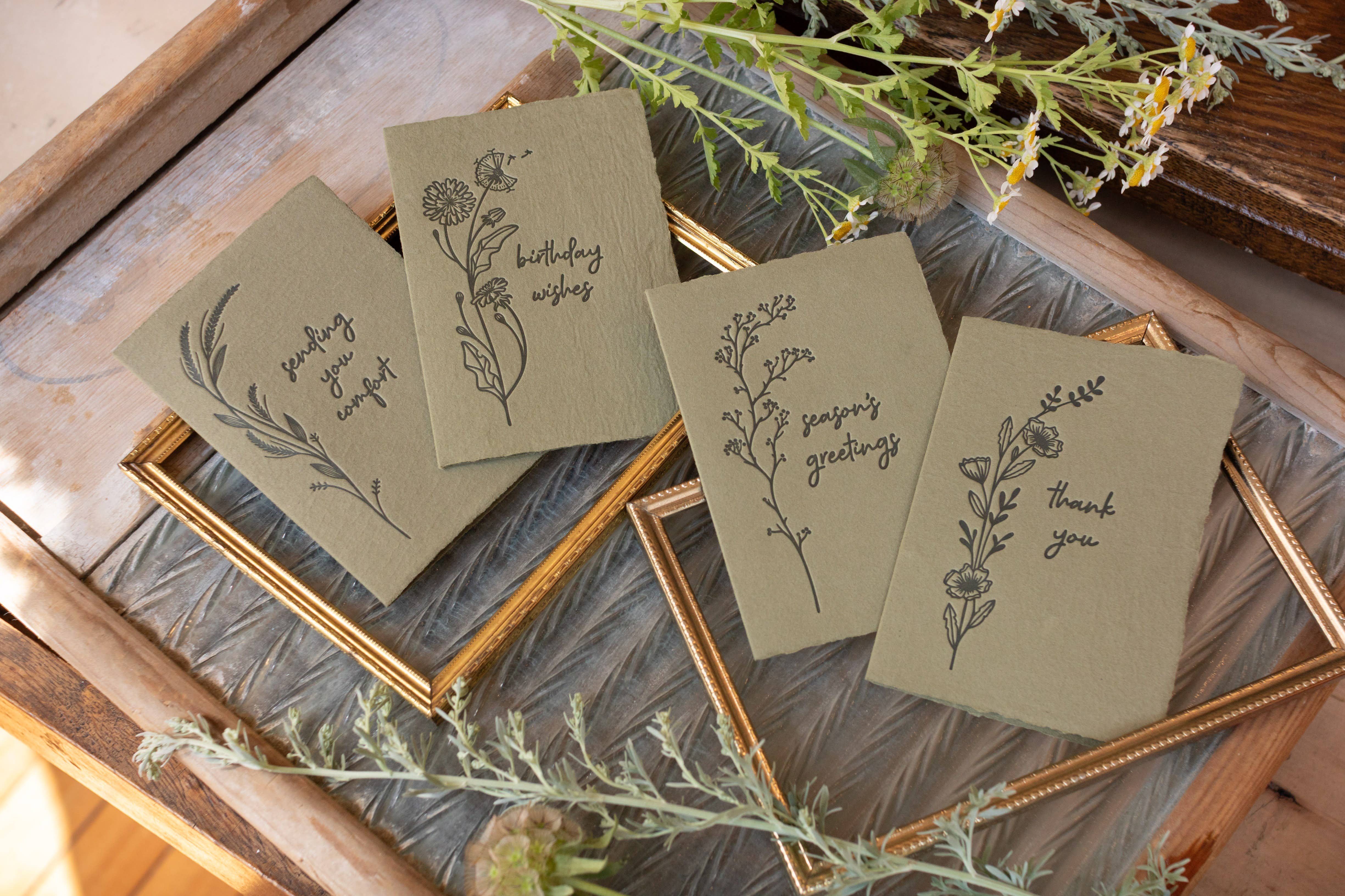Handmade Paper Letterpress Birthday Wishes Olive Card