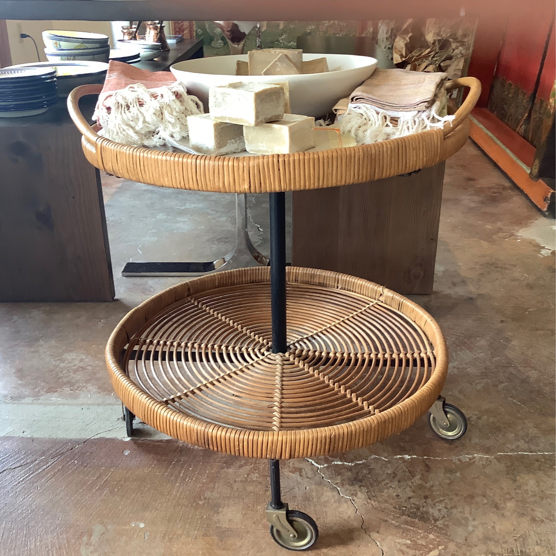 Mid Century Round 2 Tiered Rattan Cart