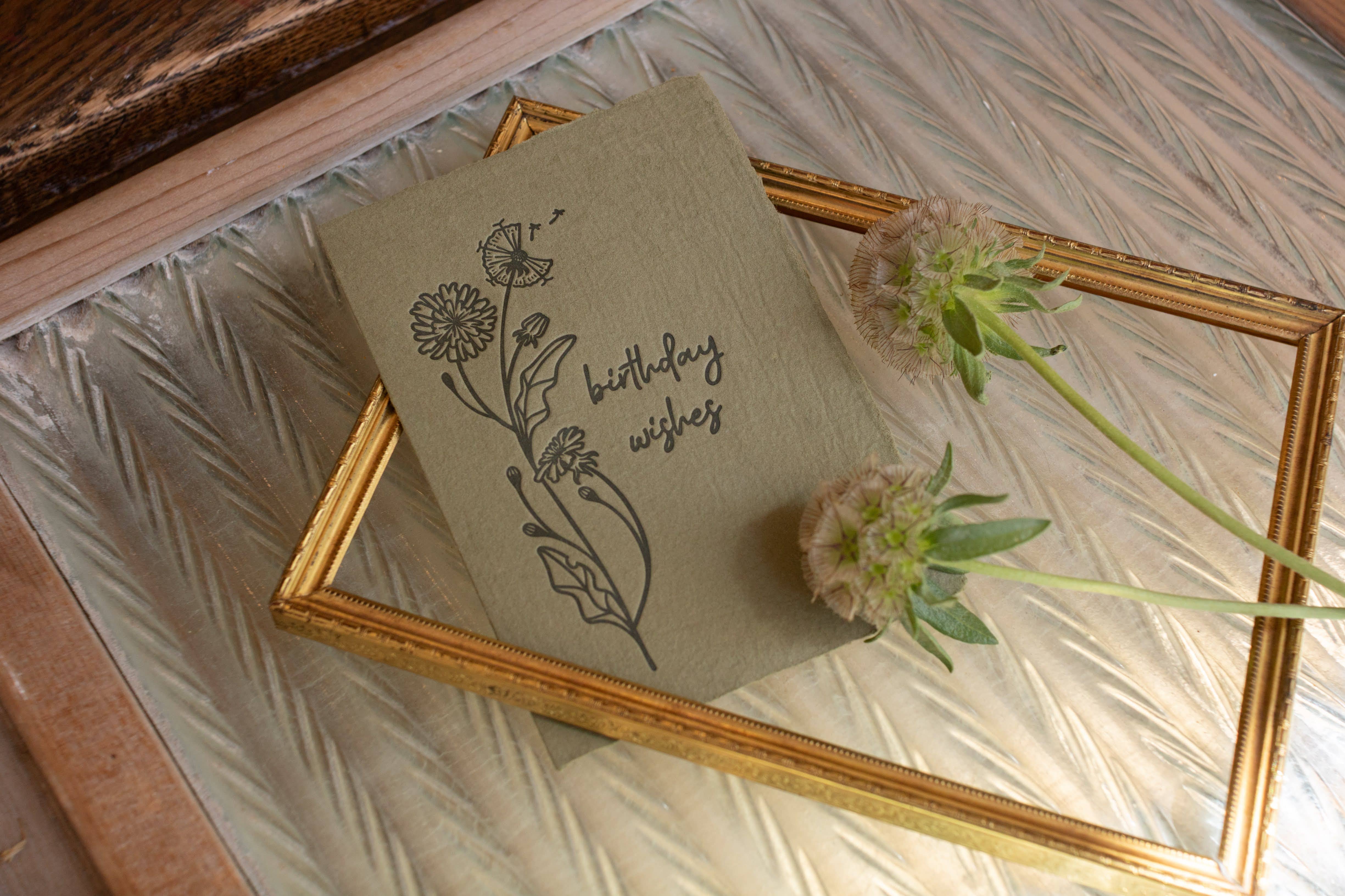 Handmade Paper Letterpress Birthday Wishes Olive Card