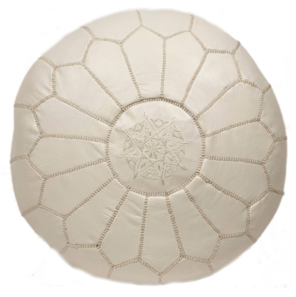 Embroidered Leather Pouf, White on White