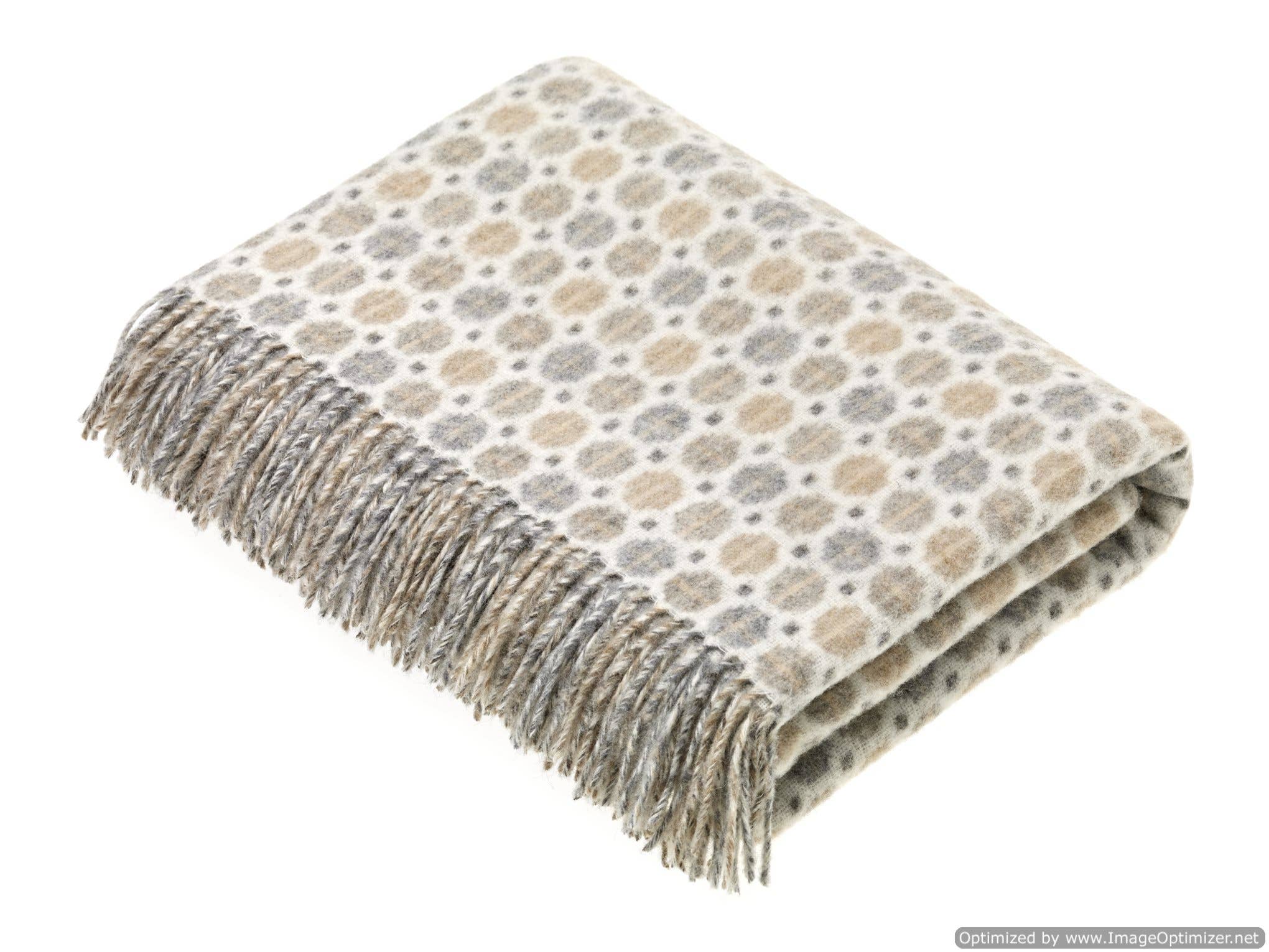 Natural Merino Lambswool Throws - Made in England: Block Windowpane Beige/Gray