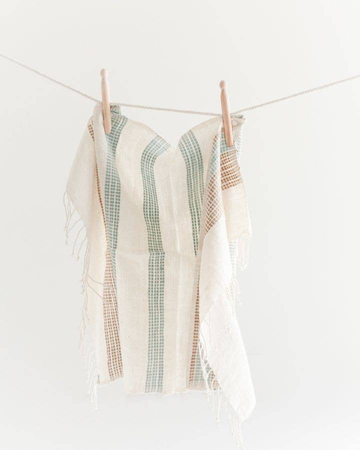 Camden Cotton Hand Towel | Handwoven in Ethiopia: Natural with Azure and Tangerine