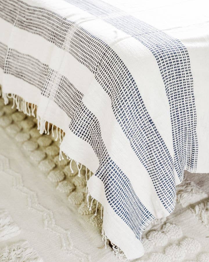 Handwoven Ethiopian Cotton Bedspread/Blanket, Natural with Navy