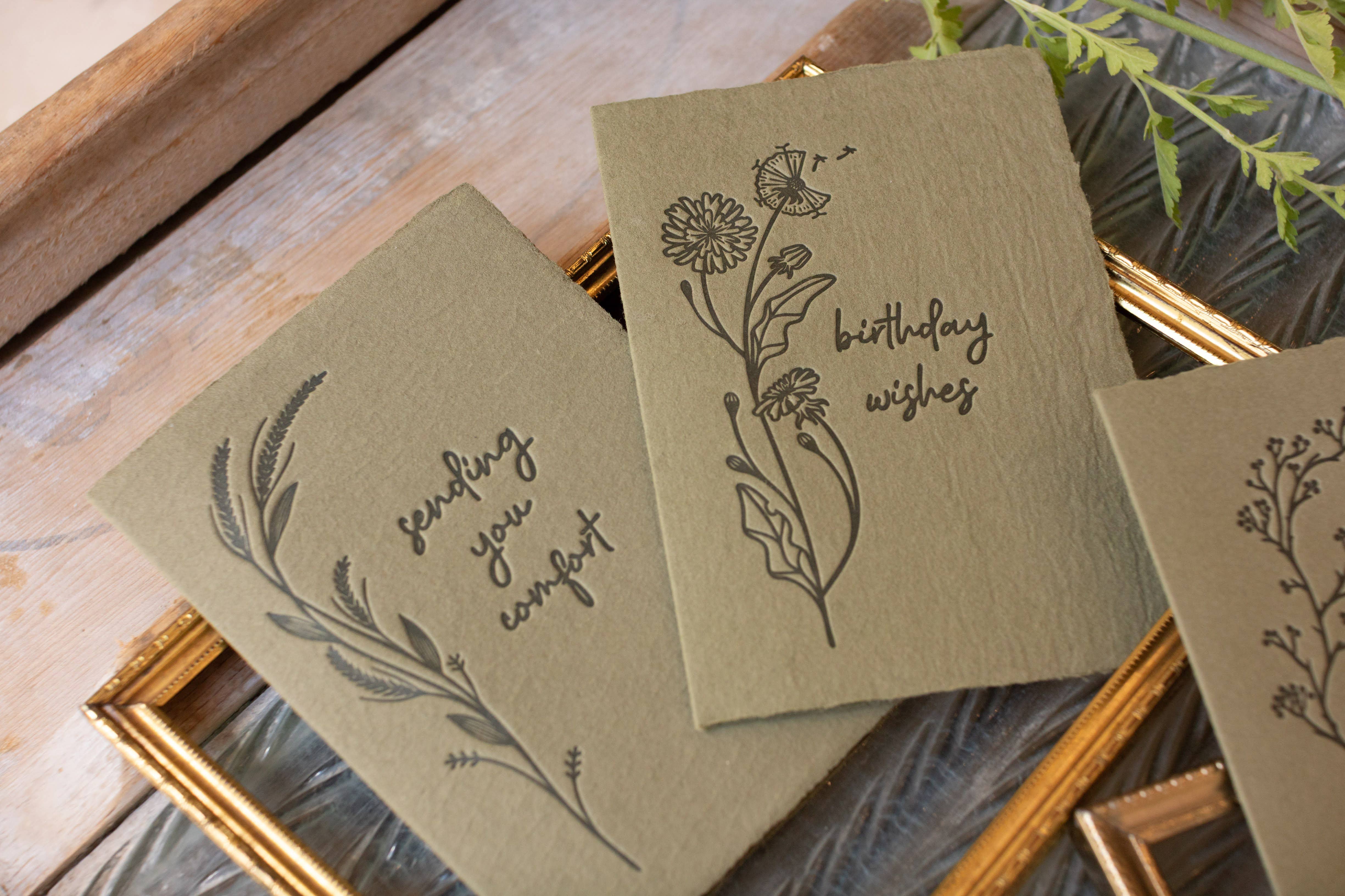 Handmade Paper Letterpress Birthday Wishes Olive Card