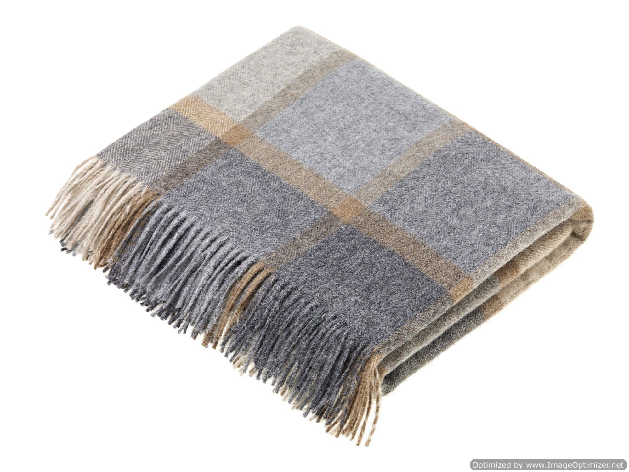 Natural Merino Lambswool Throws - Made in England: Block Windowpane Beige/Gray