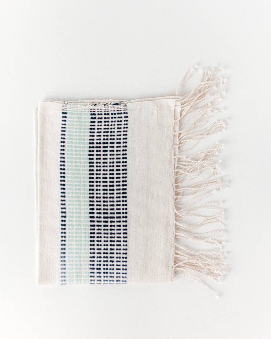 Camden Cotton Hand Towel | Handwoven in Ethiopia: Natural with Azure and Tangerine