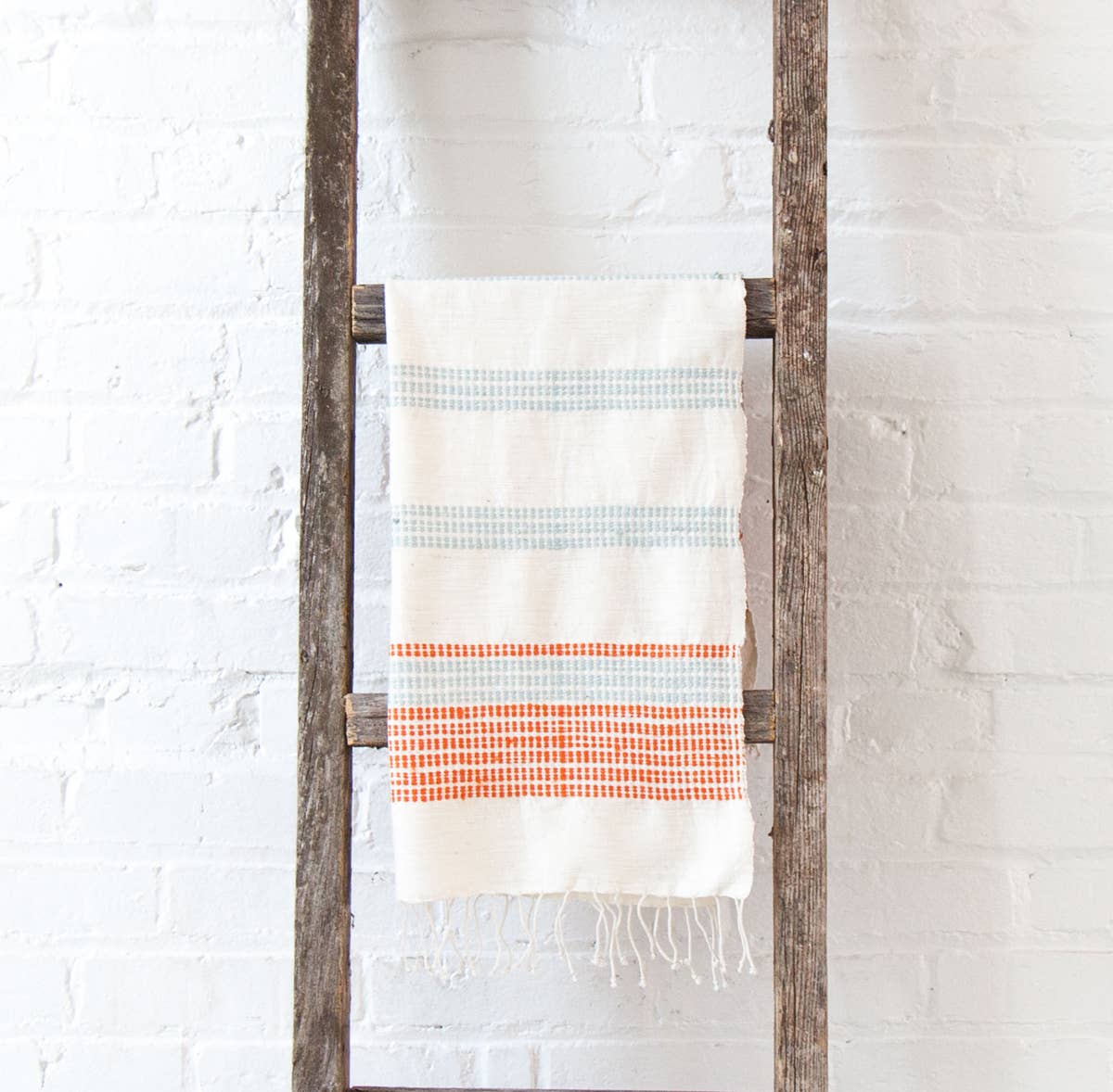 Camden Cotton Hand Towel | Handwoven in Ethiopia: Natural with Azure and Tangerine